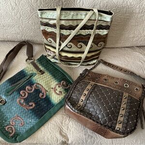 SHARIF Bundle of 3 Shoulder Bags Leather Suede and Mixed Green Brown Tan